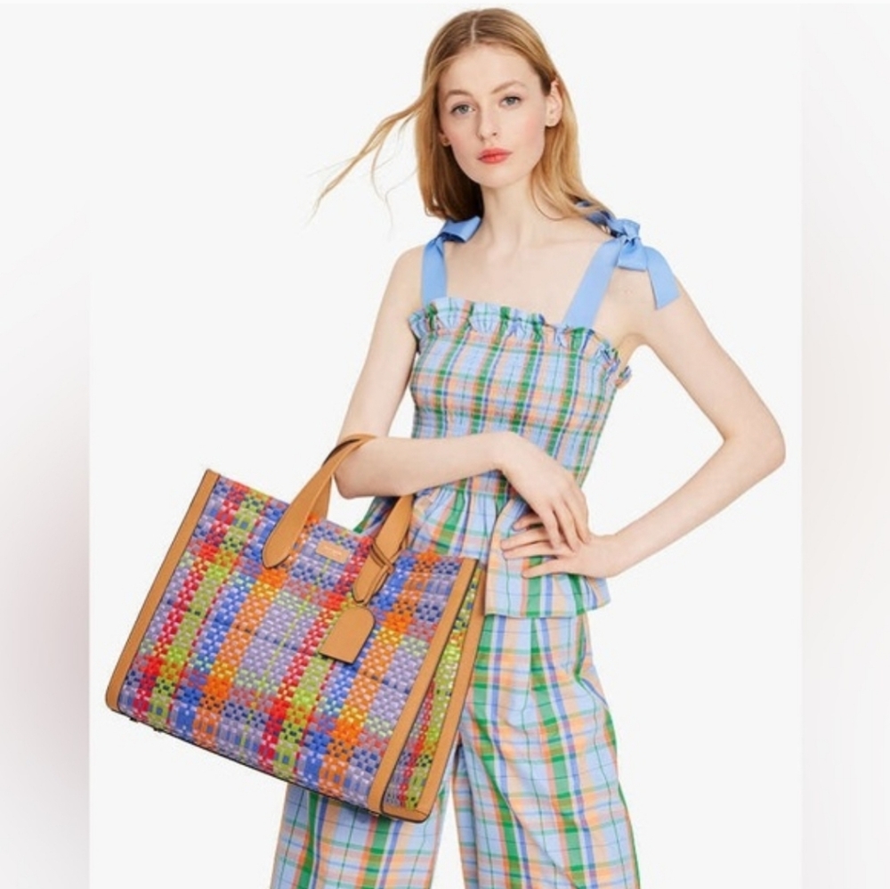 Kate Spade Manhattan Madras Plaid Woven Straw Large Tote - Picture 6 of 6